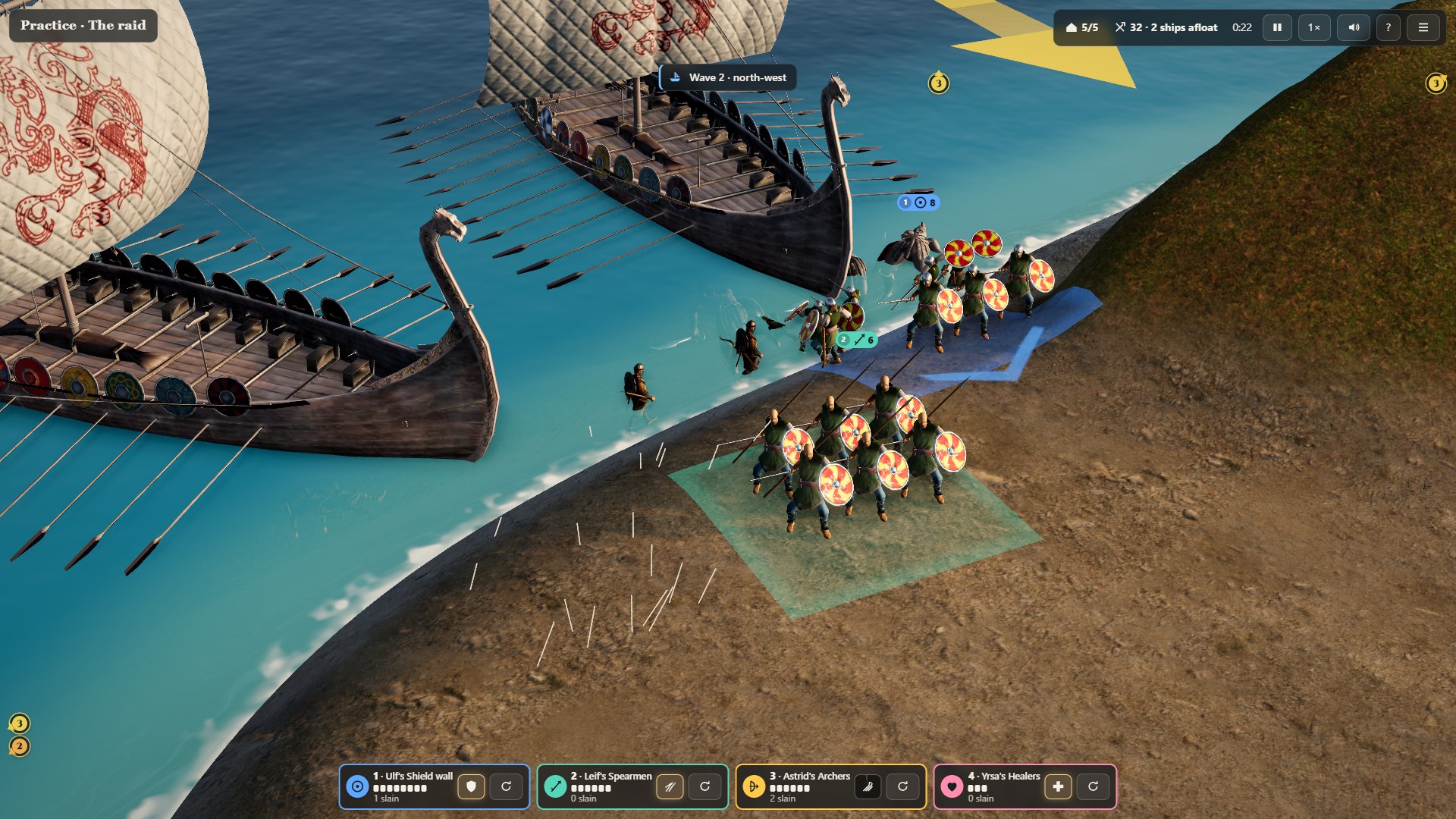 A shield wall meets a landing while archers loose a volley