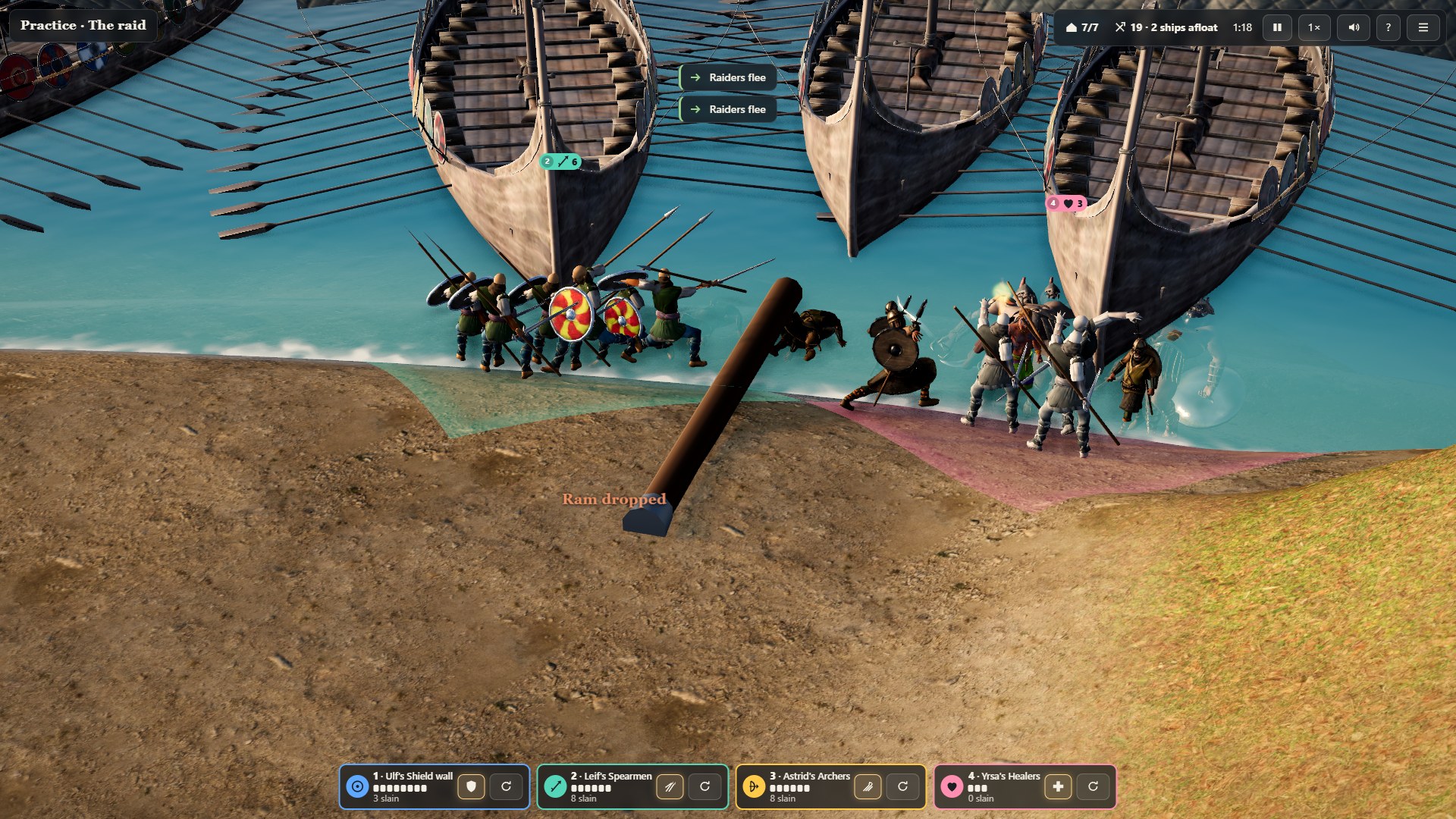 A battering-ram crew breaks against spearmen at the beach