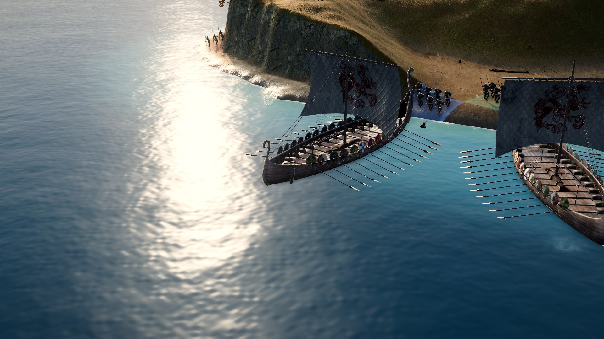 Late sun on the water as a longship beaches